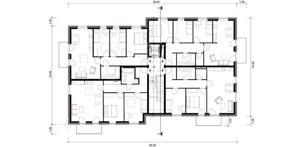 Beispiel Grundriss Mehrfamilienhaus mit vier Wohnungen pro Etage